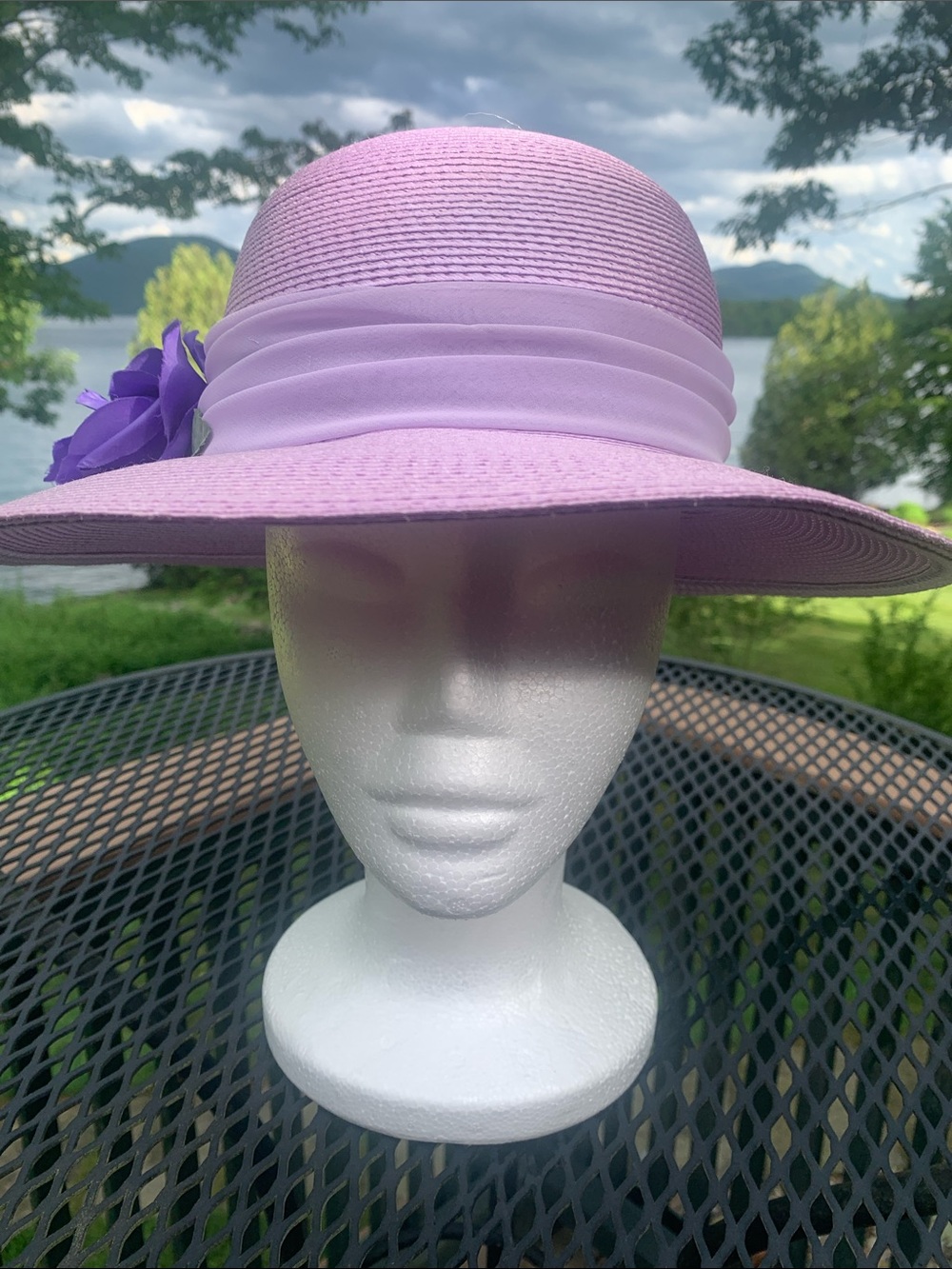 Lavender Wide-Brim Women's Sun Hat with Floral Accent, Sylvia, NY